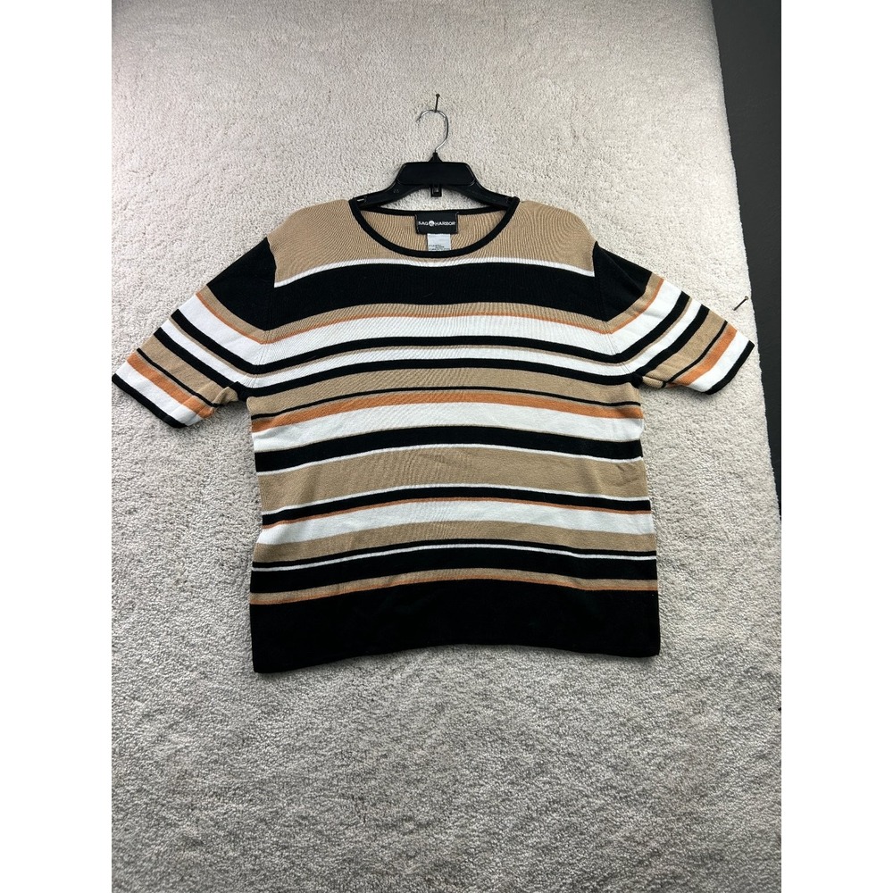 Sag Harbor Women's Top XL Striped Cotton Black Tan White‎ Orange